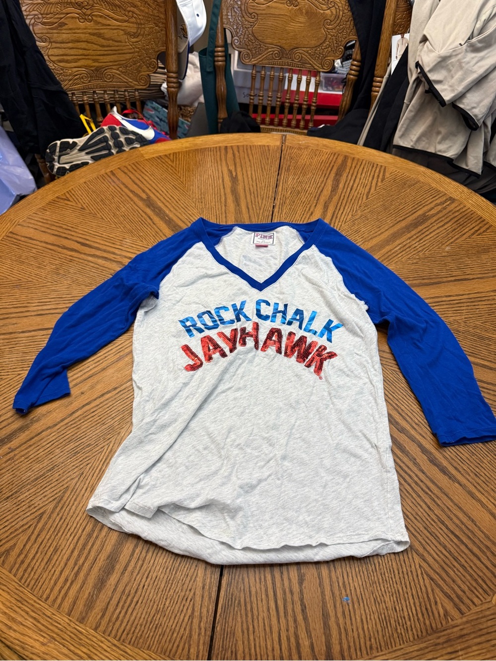 PINK Rock Chalk Jayhawk Raglan Tee - Blue & White